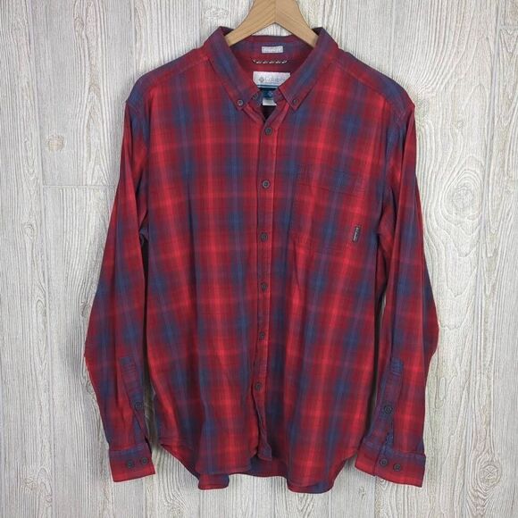 Columbia Mens Large Button Down Flannel Shirt Red Blue Plaid Long Sleeve Pocket - Picture 1 of 5